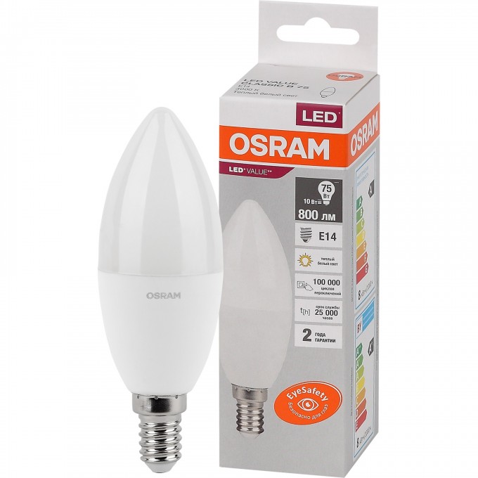 Лампа светодиодная LEDVANCE LED 10 Вт E14 3000К 800Лм свеча 220 В (замена 75Вт) OSRAM 4058075579125