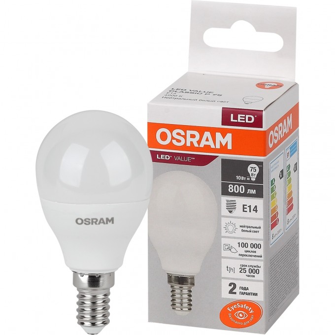 Лампа светодиодная LEDVANCE LED 10 Вт E14 4000К 800Лм шарик 220 В (замена 75Вт) OSRAM 4058075579743