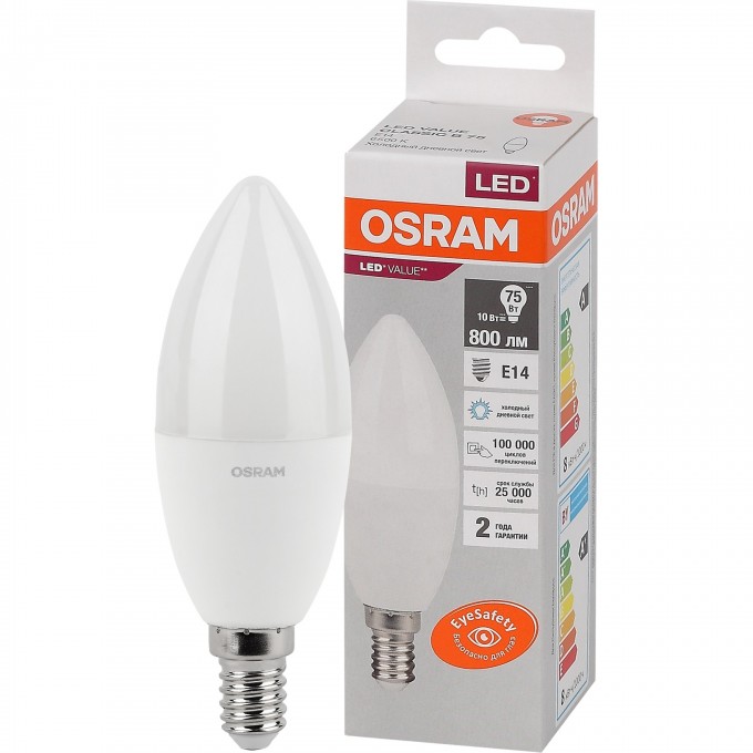 Лампа светодиодная LEDVANCE LED 10 Вт E14 6500К 800Лм свеча 220 В (замена 75Вт) OSRAM 4058075579262