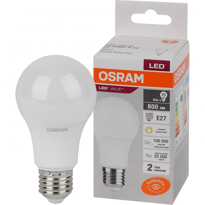 Лампа светодиодная LEDVANCE LED 10 Вт E27 3000К 800Лм груша 220 В (замена 75Вт) OSRAM 4058075578821