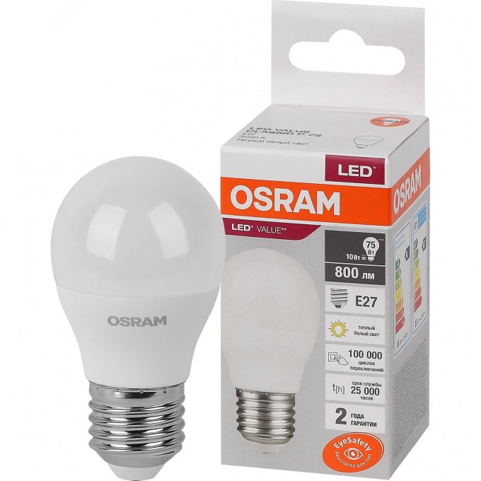 Лампа светодиодная LEDVANCE LED 10 Вт E27 3000К 800Лм шарик 220 В (замена 75Вт) OSRAM 4058075579897