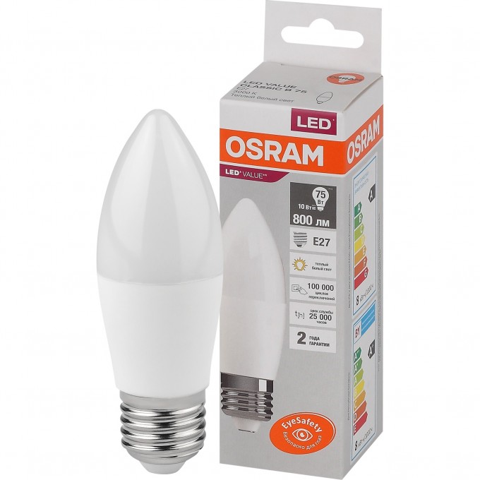 Лампа светодиодная LEDVANCE LED 10 Вт E27 3000К 800Лм свеча 220 В (замена 75Вт) OSRAM 4058075579538