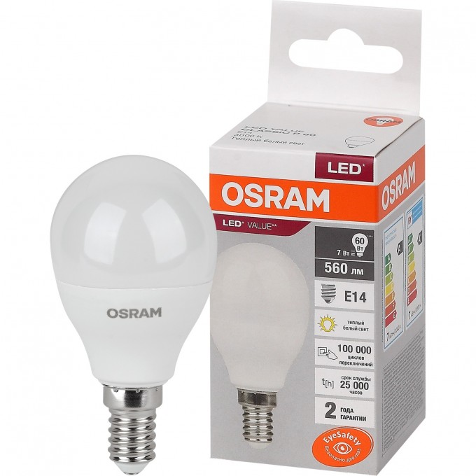 Лампа светодиодная LEDVANCE LED 7 Вт E14 3000К 560Лм шарик 220 В (замена 60Вт) OSRAM 4058075579620