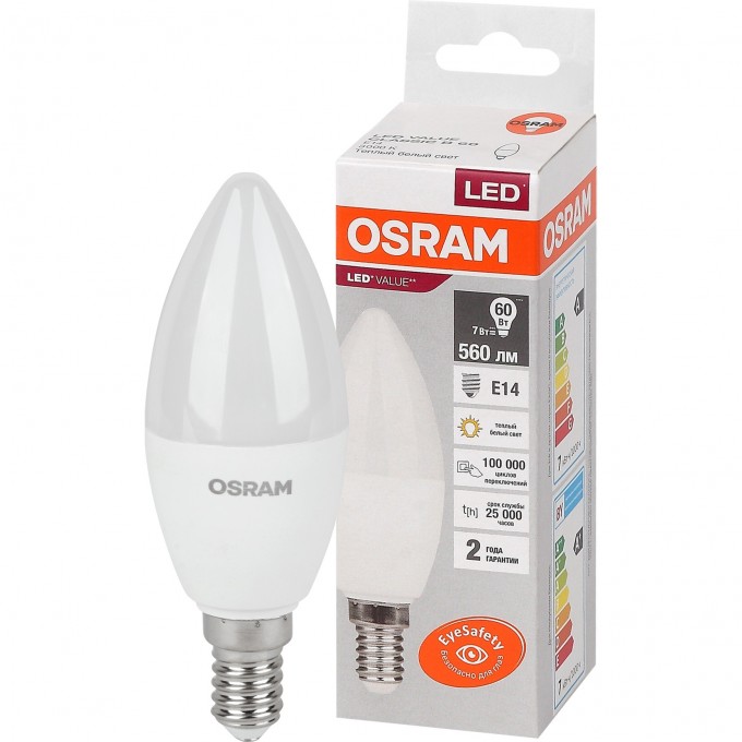 Лампа светодиодная LEDVANCE LED 7 Вт E14 3000К 560Лм свеча 220 В (замена 60Вт) OSRAM 4058075578883