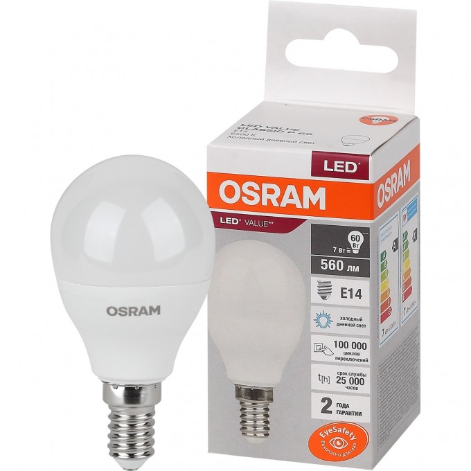 Лампа светодиодная LEDVANCE LED 7 Вт E14 6500К 560Лм шарик 220 В (замена 60Вт) OSRAM 4058075579682