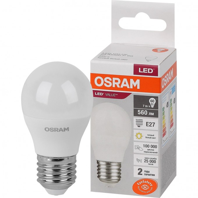 Лампа светодиодная LEDVANCE LED 7 Вт E27 3000К 560Лм шарик 220 В (замена 60Вт) OSRAM 4058075579804