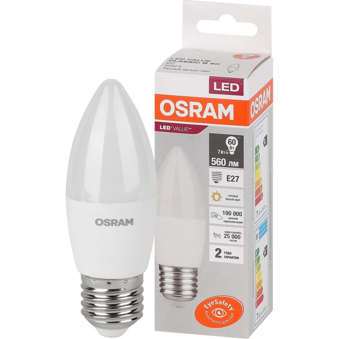Лампа светодиодная LEDVANCE LED 7 Вт E27 3000К 560Лм свеча 220 В (замена 60Вт) OSRAM 4058075579446