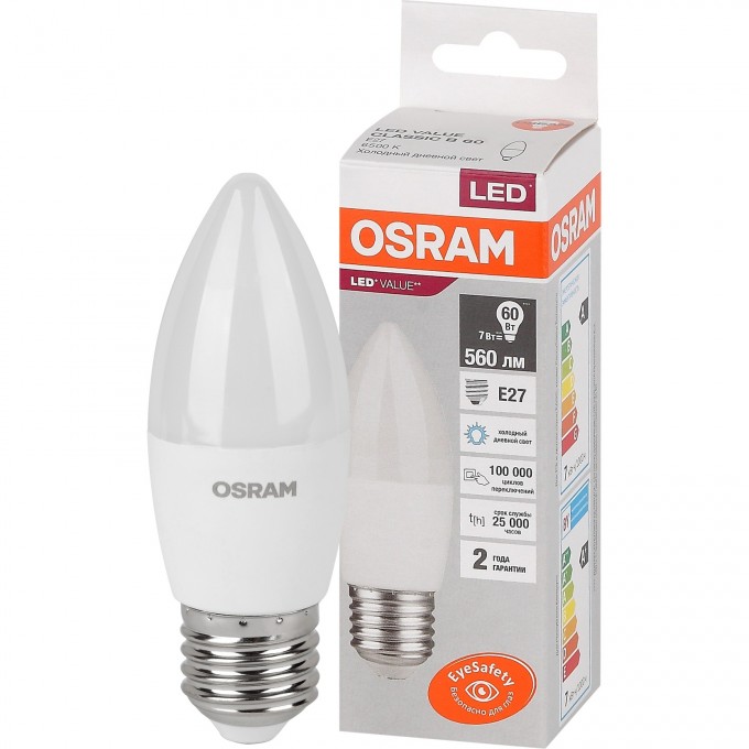 Лампа светодиодная LEDVANCE LED 7 Вт E27 6500К 560Лм свеча 220 В (замена 60Вт) OSRAM 4058075579507