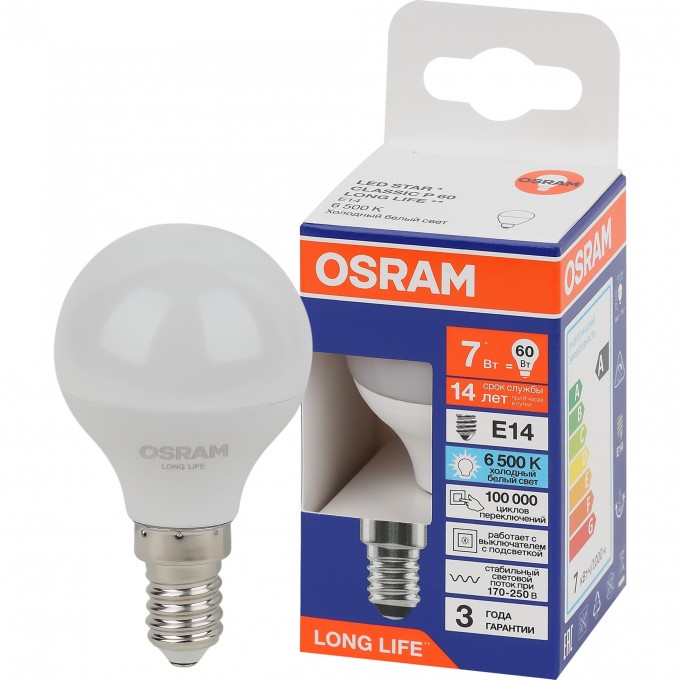 Лампа светодиодная LEDVANCE LED 7Вт Е14 6500К 600Лм шар 220В (замена 60Вт) OSRAM 4099854186486